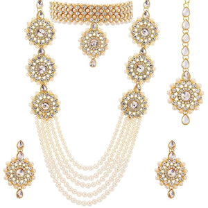 Artificial  Jewellery Only,Womens Gold Plated Bridal Long Necklace Set Neck Choker with Earrings and Maang Tikka for Women & Girls