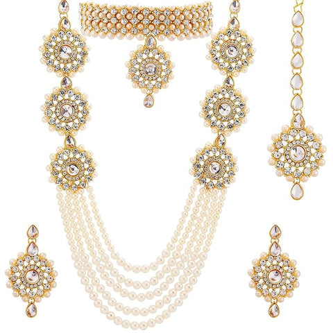 Artificial  Jewellery Only,Womens Gold Plated Bridal Long Necklace Set Neck Choker with Earrings and Maang Tikka for Women & Girls