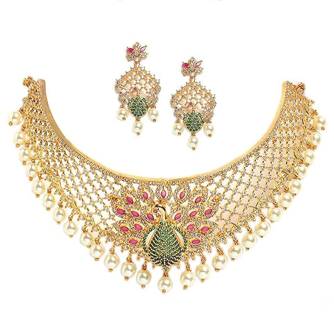 Artificial  Jewellery Only,  White & Red American Diamond Studded With Drop Pearl Beaded Jewellery Set For Women & Girl