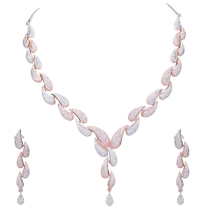 Artificial  Jewellery Only,Ratnavali Jewels American Diamond CZ Rose  Designer Jewellery Set/Necklace Set with Chain & Earring for Girls/Women