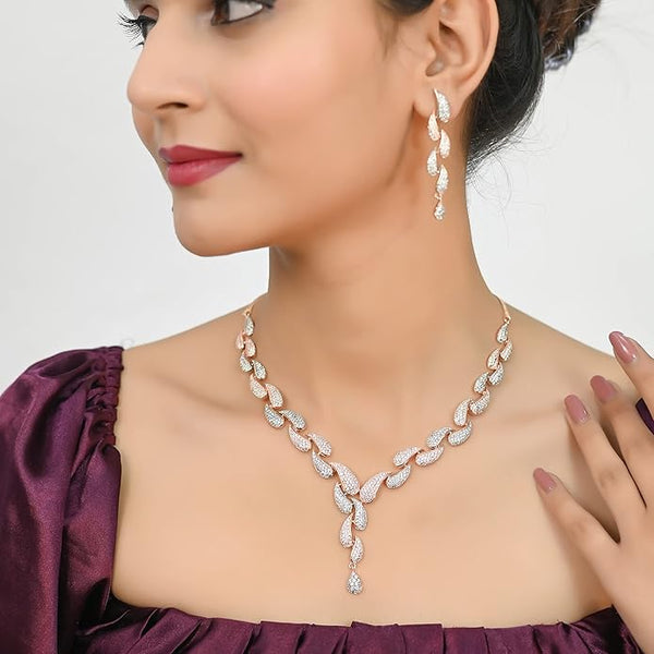 Artificial  Jewellery Only,Ratnavali Jewels American Diamond CZ Rose  Designer Jewellery Set/Necklace Set with Chain & Earring for Girls/Women