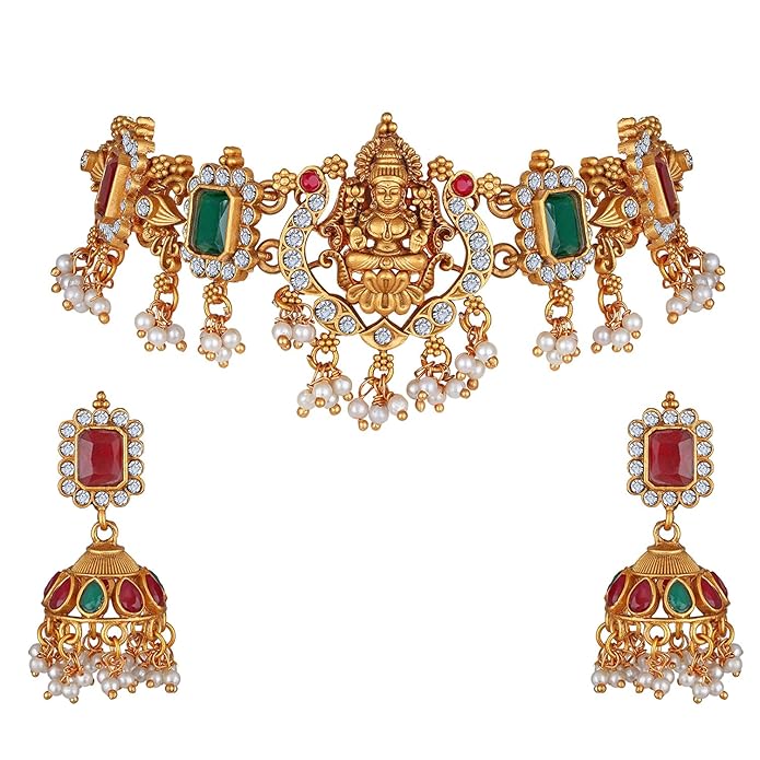 Artificial  Jewellery Only,Shining Diva Fashion Latest Stylish Design Fancy Pearl Choker Traditional Temple Necklace Jewellery Set for Women