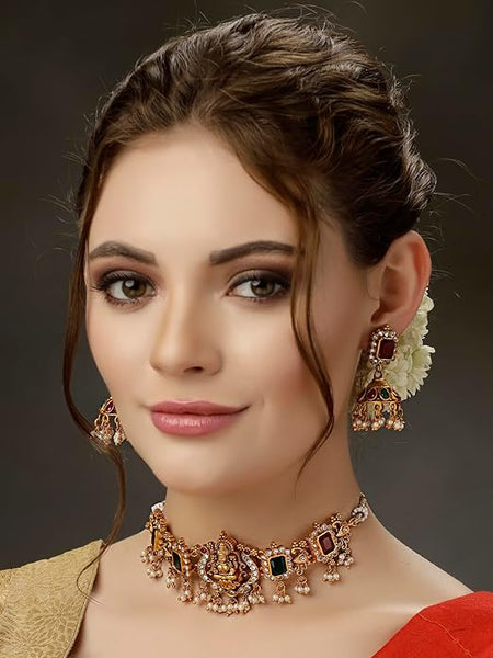 Artificial  Jewellery Only,Shining Diva Fashion Latest Stylish Design Fancy Pearl Choker Traditional Temple Necklace Jewellery Set for Women