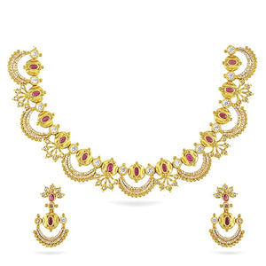 Artificial  Jewellery Only,Rubans Cubic Zirconia & Pearl Beaded Temple Jewellery Set in Crescent Motif Design for Women