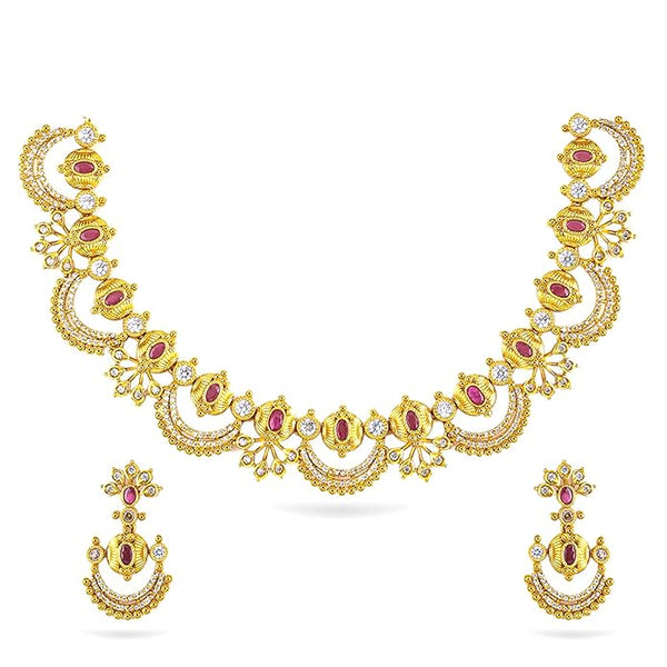 Artificial  Jewellery Only,Rubans Cubic Zirconia & Pearl Beaded Temple Jewellery Set in Crescent Motif Design for Women