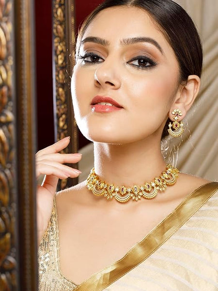 Artificial  Jewellery Only,Rubans Cubic Zirconia & Pearl Beaded Temple Jewellery Set in Crescent Motif Design for Women