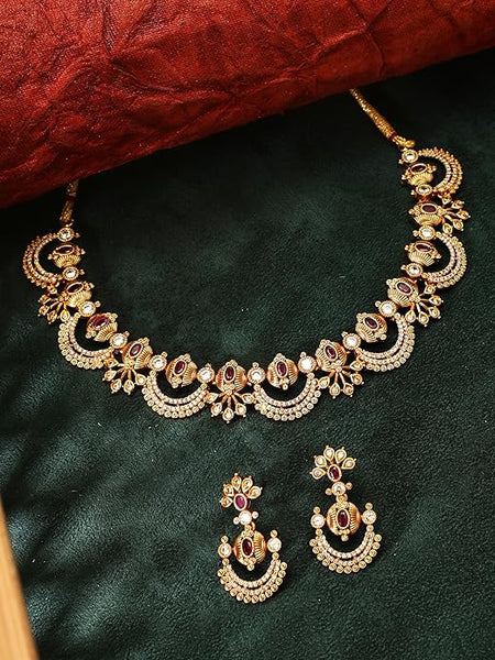 Artificial  Jewellery Only,Rubans Cubic Zirconia & Pearl Beaded Temple Jewellery Set in Crescent Motif Design for Women