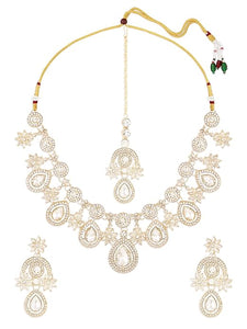 Artificial  Jewellery Only,ZAVERI PEARLS  Dazzling Stones Austrian Diamonds Necklace Earring & Maangtikka Set For Women