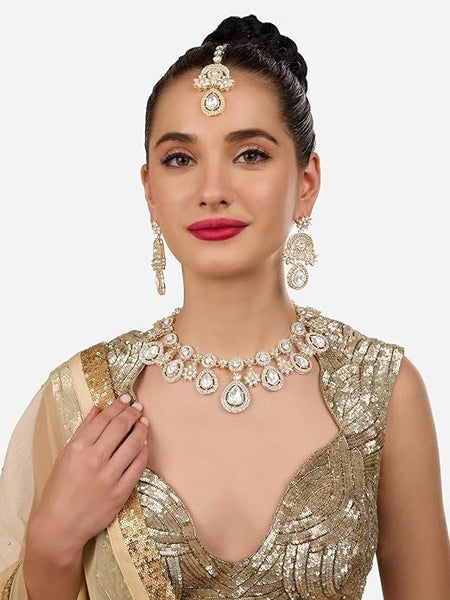 Artificial  Jewellery Only,ZAVERI PEARLS  Dazzling Stones Austrian Diamonds Necklace Earring & Maangtikka Set For Women