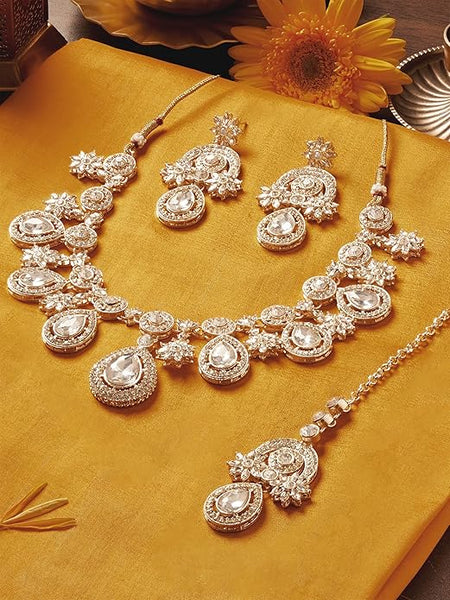 Artificial  Jewellery Only,ZAVERI PEARLS  Dazzling Stones Austrian Diamonds Necklace Earring & Maangtikka Set For Women