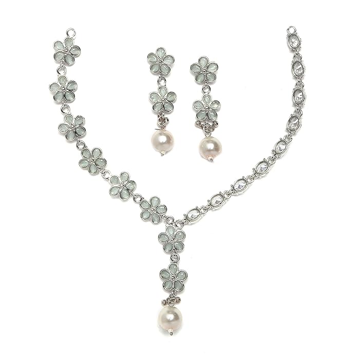 Artificial  Jewellery Only,ZENEME Oxidised Silver-Plated Flower Shaped American Diamond Studded Necklace Earrings Jewellery Set for Girls and Women