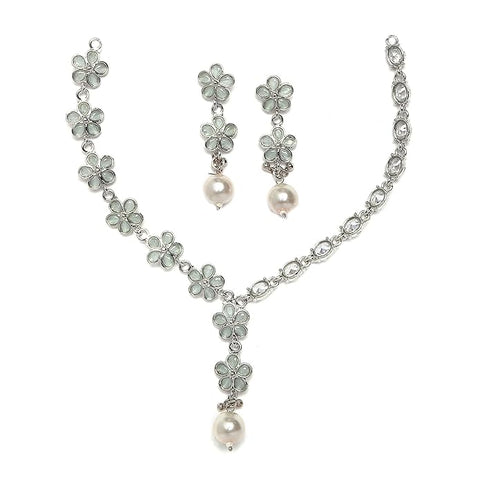 Artificial  Jewellery Only,ZENEME Oxidised Silver-Plated Flower Shaped American Diamond Studded Necklace Earrings Jewellery Set for Girls and Women