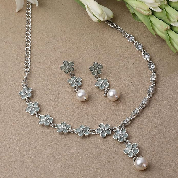 Artificial  Jewellery Only,ZENEME Oxidised Silver-Plated Flower Shaped American Diamond Studded Necklace Earrings Jewellery Set for Girls and Women
