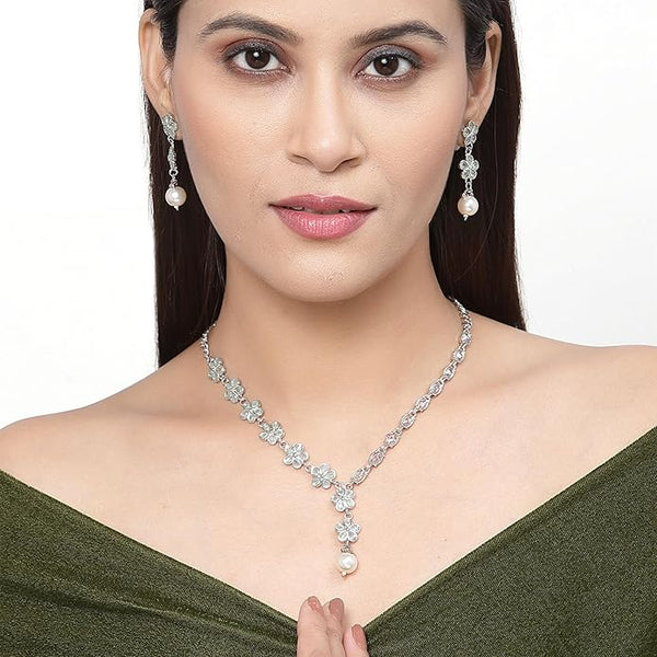 Artificial  Jewellery Only,ZENEME Oxidised Silver-Plated Flower Shaped American Diamond Studded Necklace Earrings Jewellery Set for Girls and Women