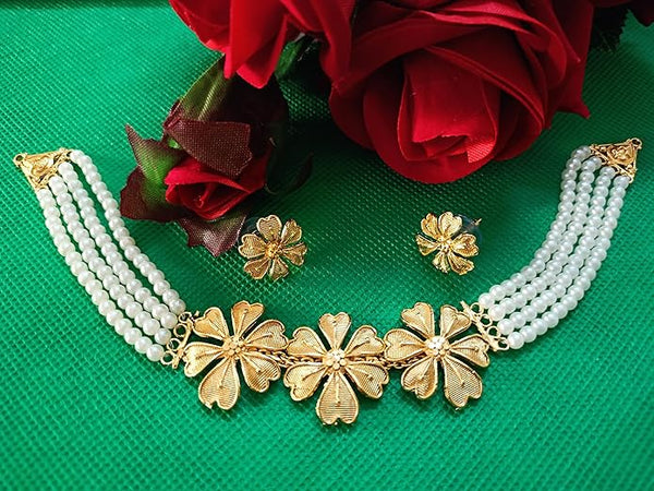 Artificial  Jewellery Only,Purabi Jewels  Ethnic Multistrand Pearls Flower Design Choker Chick Necklace & Earring Set For Women and Girls