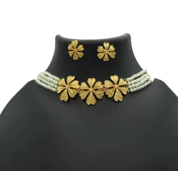 Artificial  Jewellery Only,Purabi Jewels  Ethnic Multistrand Pearls Flower Design Choker Chick Necklace & Earring Set For Women and Girls