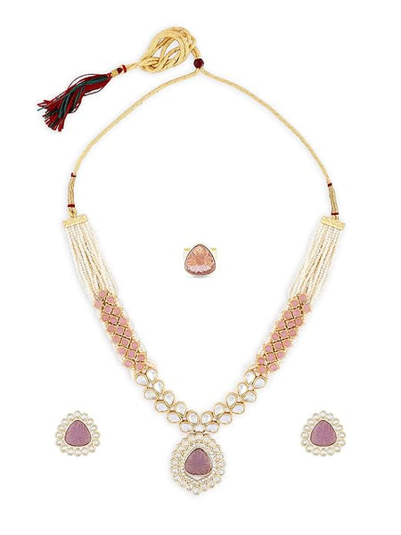 Artificial  Jewellery Only,ZAVERI PEARLS Pink Purple Stones Embellished Kundan Necklace Earring & Ring Set For Women