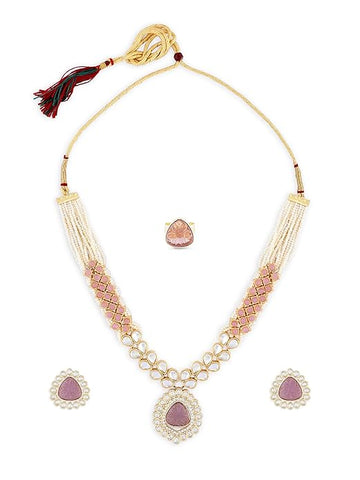 Artificial  Jewellery Only,ZAVERI PEARLS Pink Purple Stones Embellished Kundan Necklace Earring & Ring Set For Women