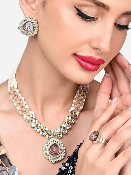 Artificial  Jewellery Only,ZAVERI PEARLS Pink Purple Stones Embellished Kundan Necklace Earring & Ring Set For Women