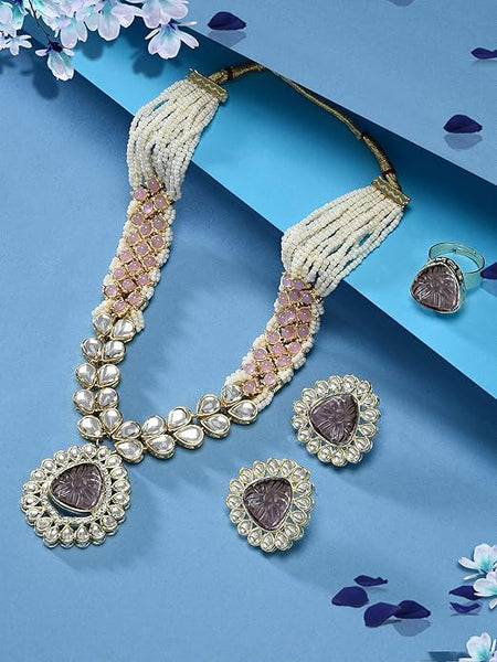Artificial  Jewellery Only,ZAVERI PEARLS Pink Purple Stones Embellished Kundan Necklace Earring & Ring Set For Women